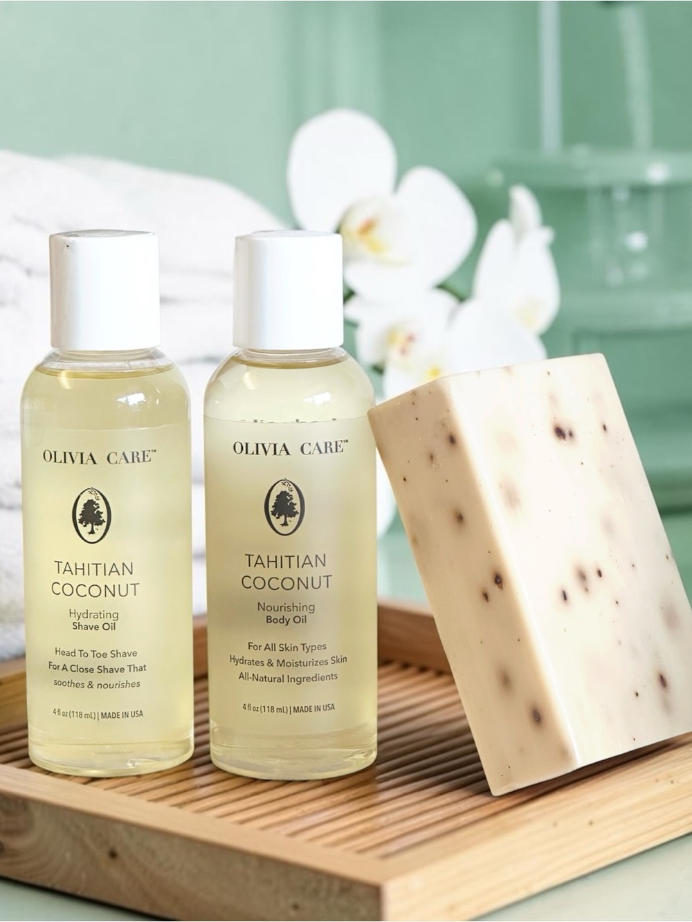 Olivia Care Tahitian Coconut Nourishing Bath Soap & Body Oil Set